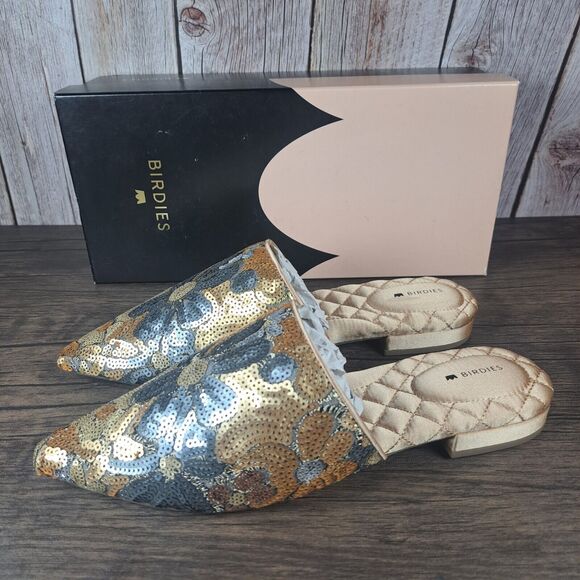 Birdies Shoes - BIRDIES The Dove Gold Petal Sequin Floral Slip On Mule Women's Sz 8.5 (NIB)